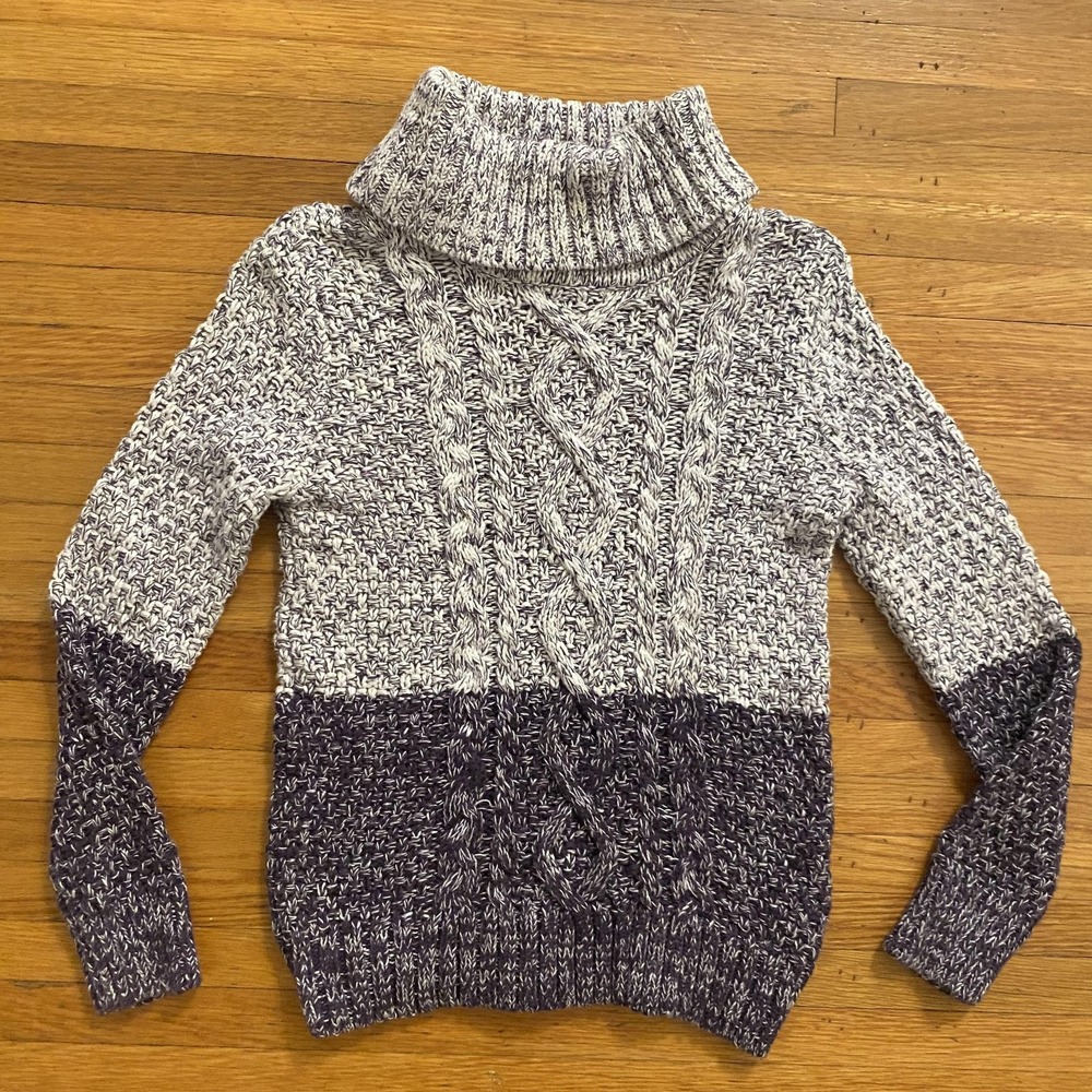 Vince Sweater Womens Medium Gray Purple Cable Knit Turtleneck Marled Colorblock - Picture 1 of 10